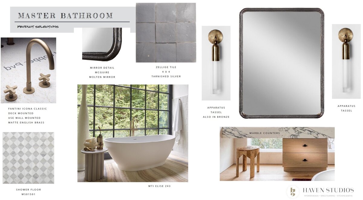 Material and finish study for a primary bathroom renovation